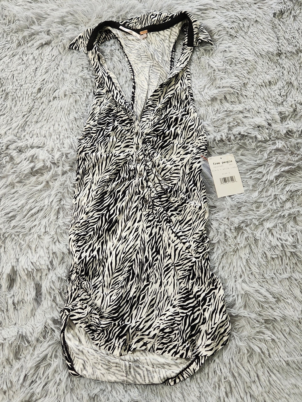 Free People Zebra Print Collared Ruched Button Down Sleeveless Racerback Top